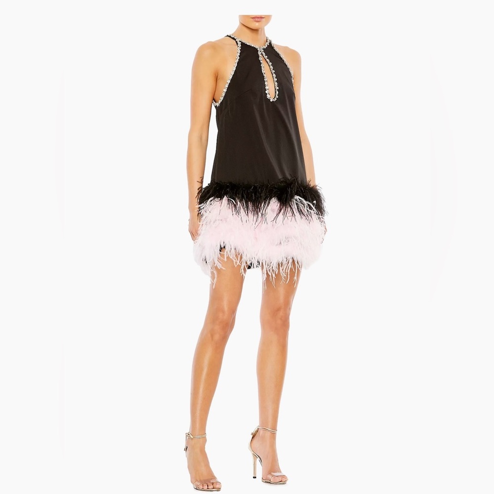 Mac Duggal Black and Pink Feather Dress